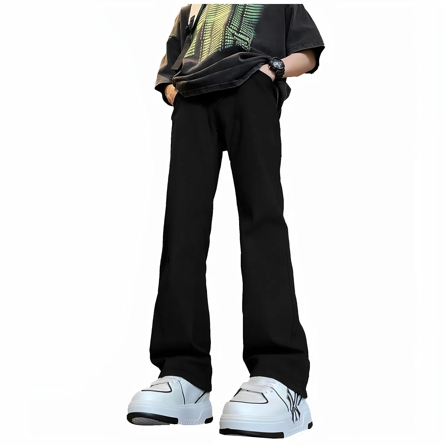 加菲猫家族 美式高街潮流复古水洗做旧宽松简约舒适透气系带松紧日常通勤时尚百搭直筒垂感中腰牛仔裤 男女同款