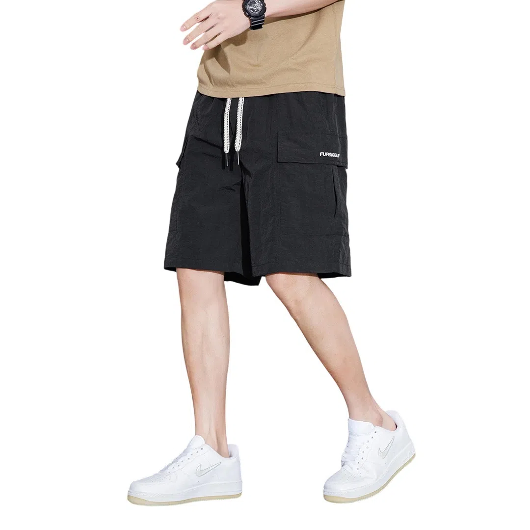 顶峰保罗 美式冰丝休闲百搭五分裤轻薄中裤潮牌痞帅松紧腰速干纯色宽松简约无性别主义直筒透气运动工装短裤 男女同款