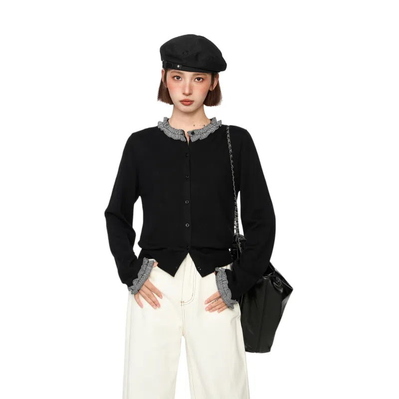 柏黛妃 假两件短款长袖打底针织衫 女款 黑色