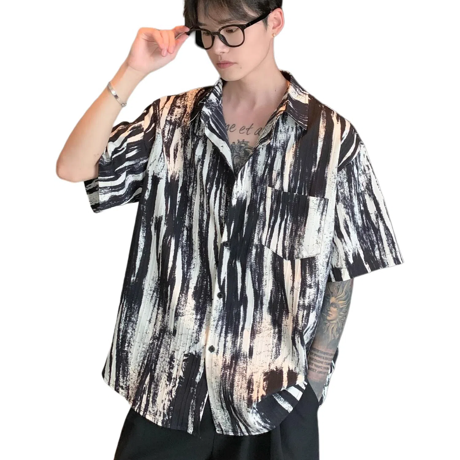 沐诚阳译 小众复古泼墨设计感宽松痞帅高级短袖衬衫 男款