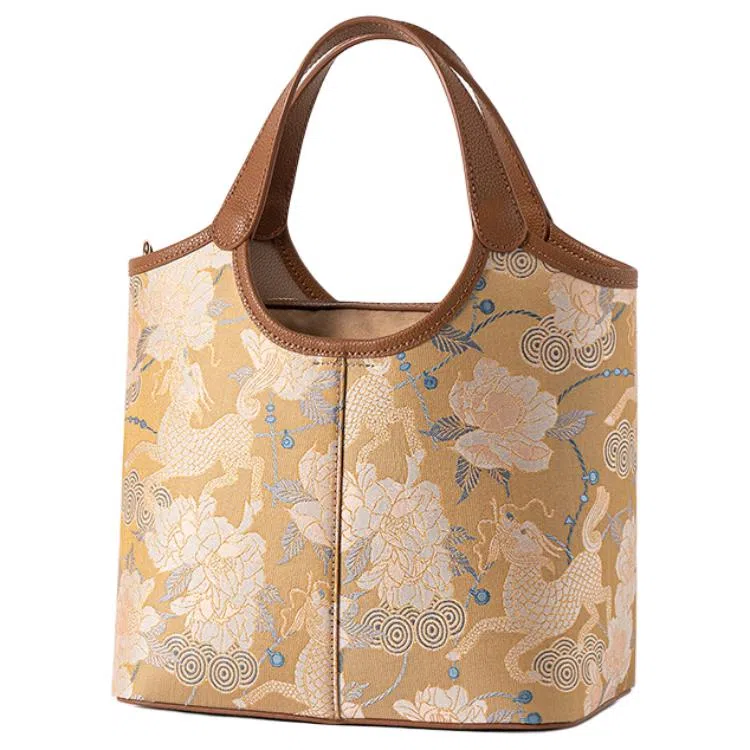 上海故事 新中式国风麒麟牡丹 牛皮 菜篮子手提包 大号 女款 多色