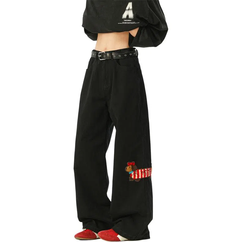 顶峰保罗 美式腊肠小狗刺绣直筒阔腿长裤百搭宽松重磅情侣潮牌凉感透气设计感显瘦显高休闲裤 男女同款