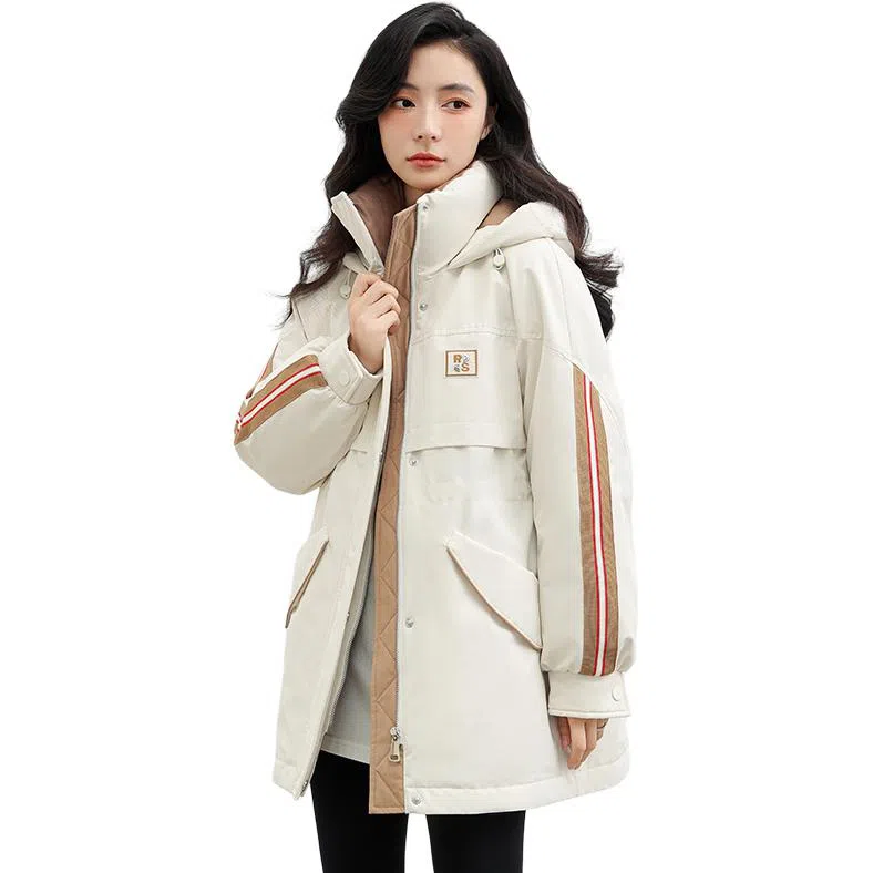 鸭鸭 纯色连帽通勤时尚收腰拉链长袖羽绒服 女款