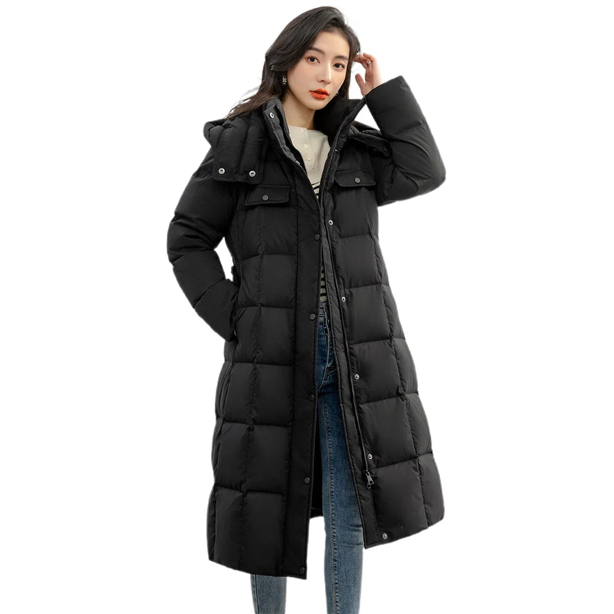 鸭鸭 长款连帽舒适保暖时尚休闲潮流羽绒服 女款