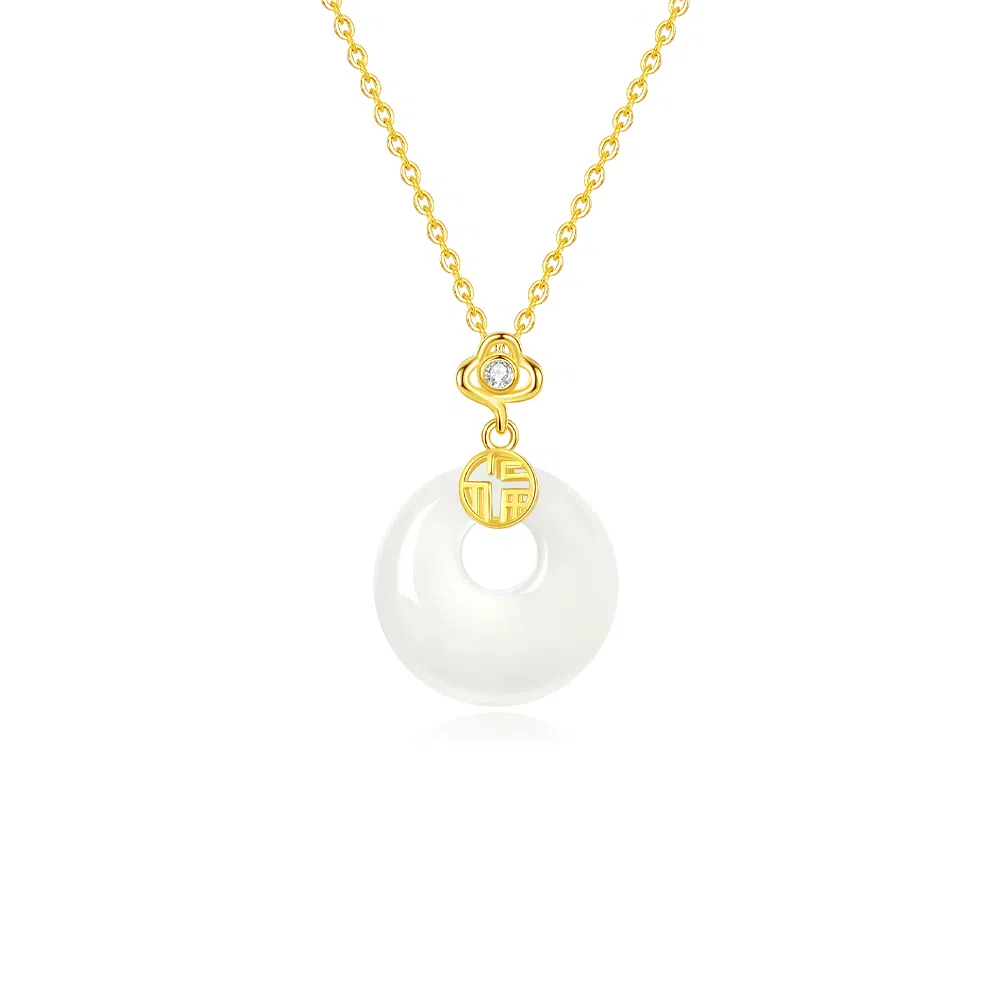 【高品质 S925银】六桂福 福气平安扣新中式福牌如意吊坠银镶玉时尚锁骨链显白清冷如意转运平安聚财纳福 福韵金 好运 玉髓 玉石项链 女款