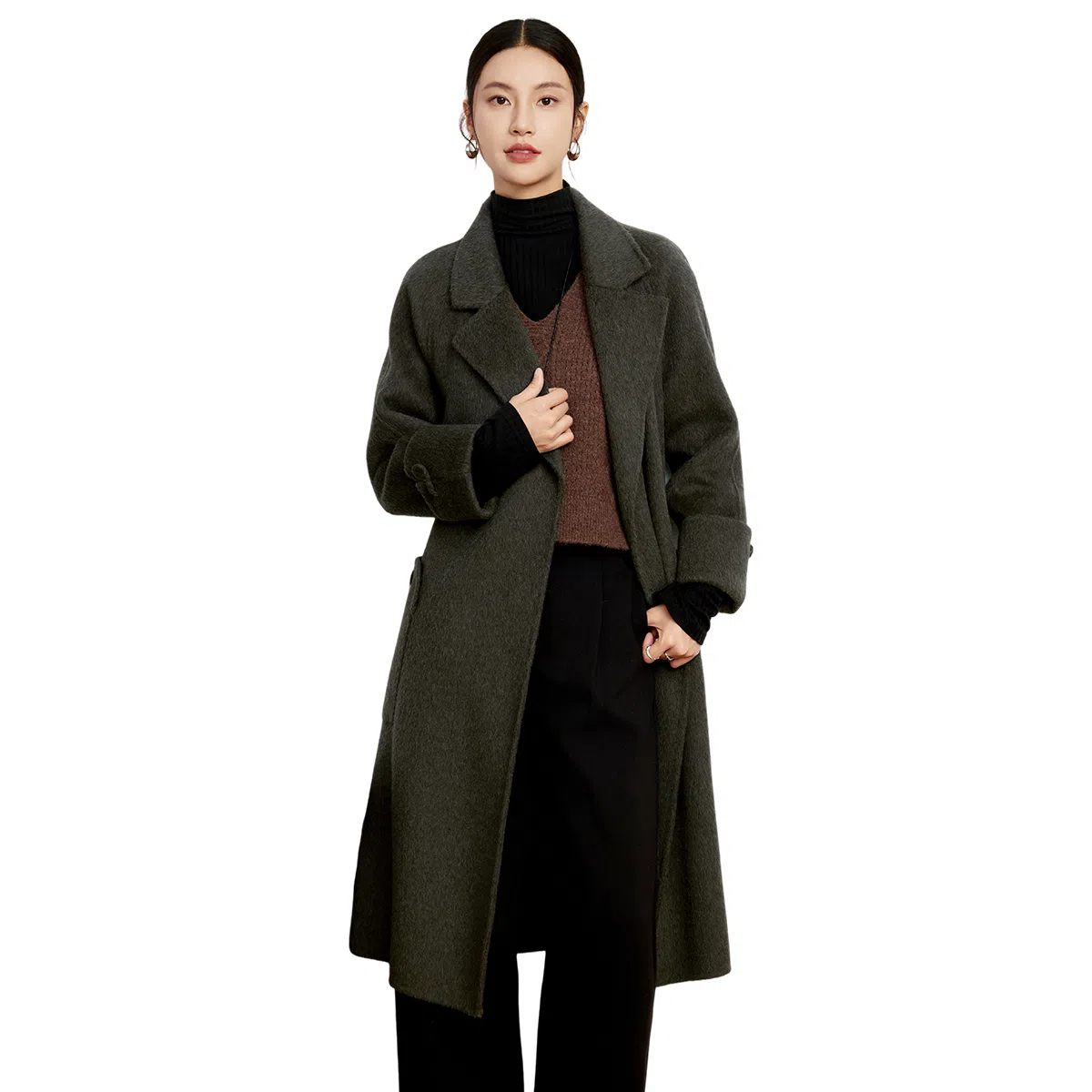 富铤 高级感纯色法式中长款翻领双面呢大衣 女款