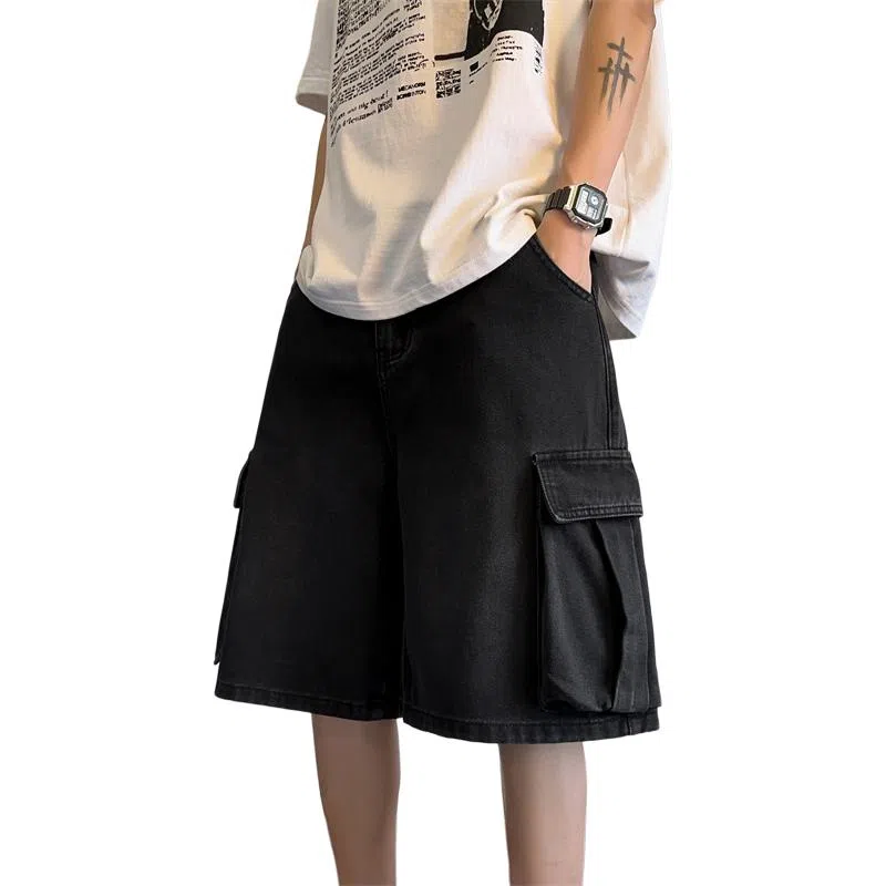 顶峰保罗 水洗做旧大口袋工装直筒五分裤美式潮牌高街宽松小众百搭设计感休闲阔腿牛仔短裤 男女同款