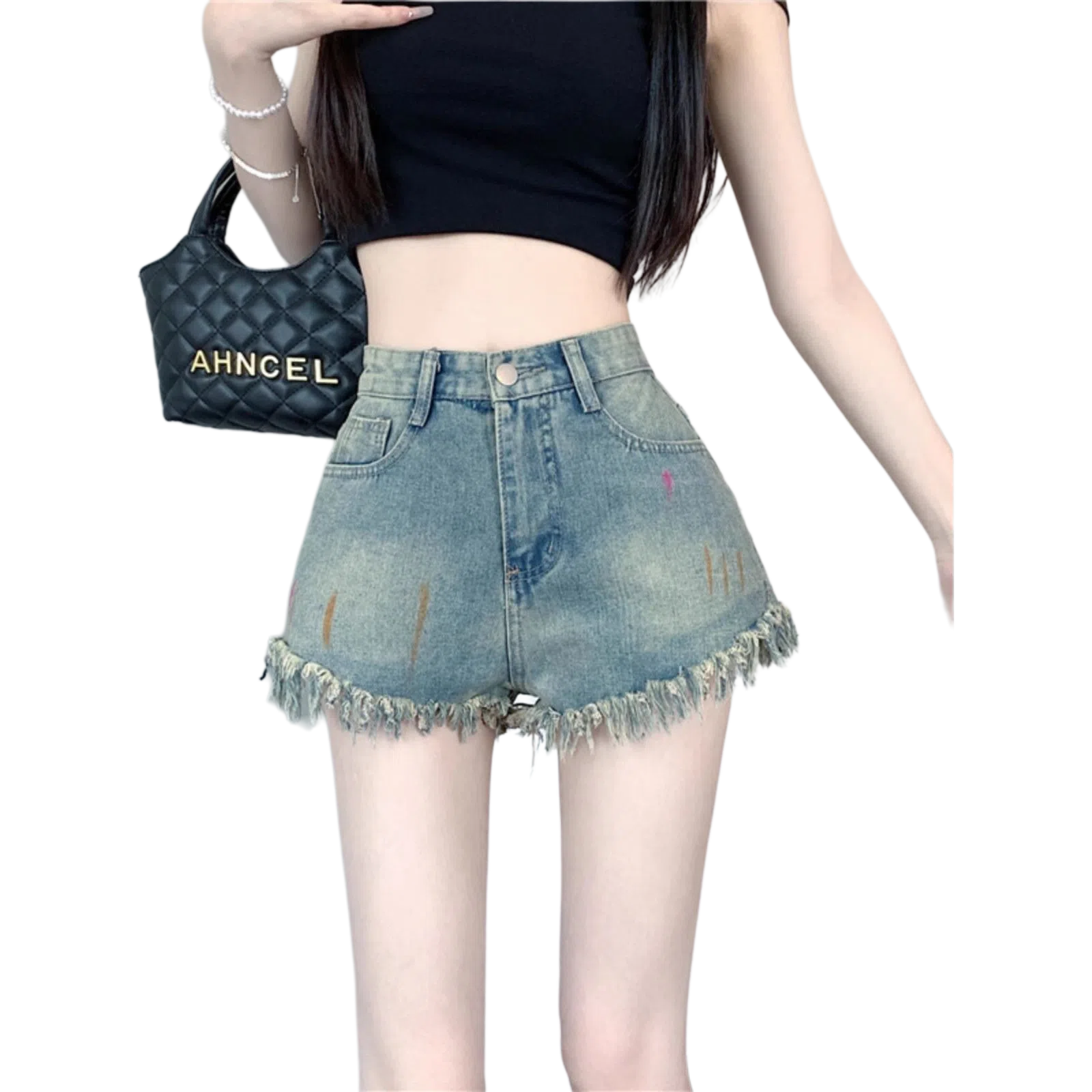 么宁 复古彩绘时尚高腰辣妹热裤子牛仔短裤 女款