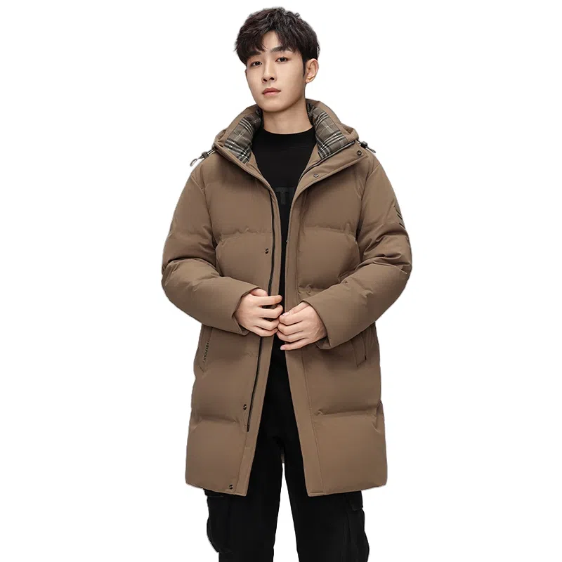 鸭鸭 纯色简约保暖防风抗寒户外加厚连帽中长款羽绒服 男款