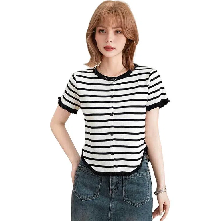 法文箱子 撞色圆领修身短袖针织衫 女款