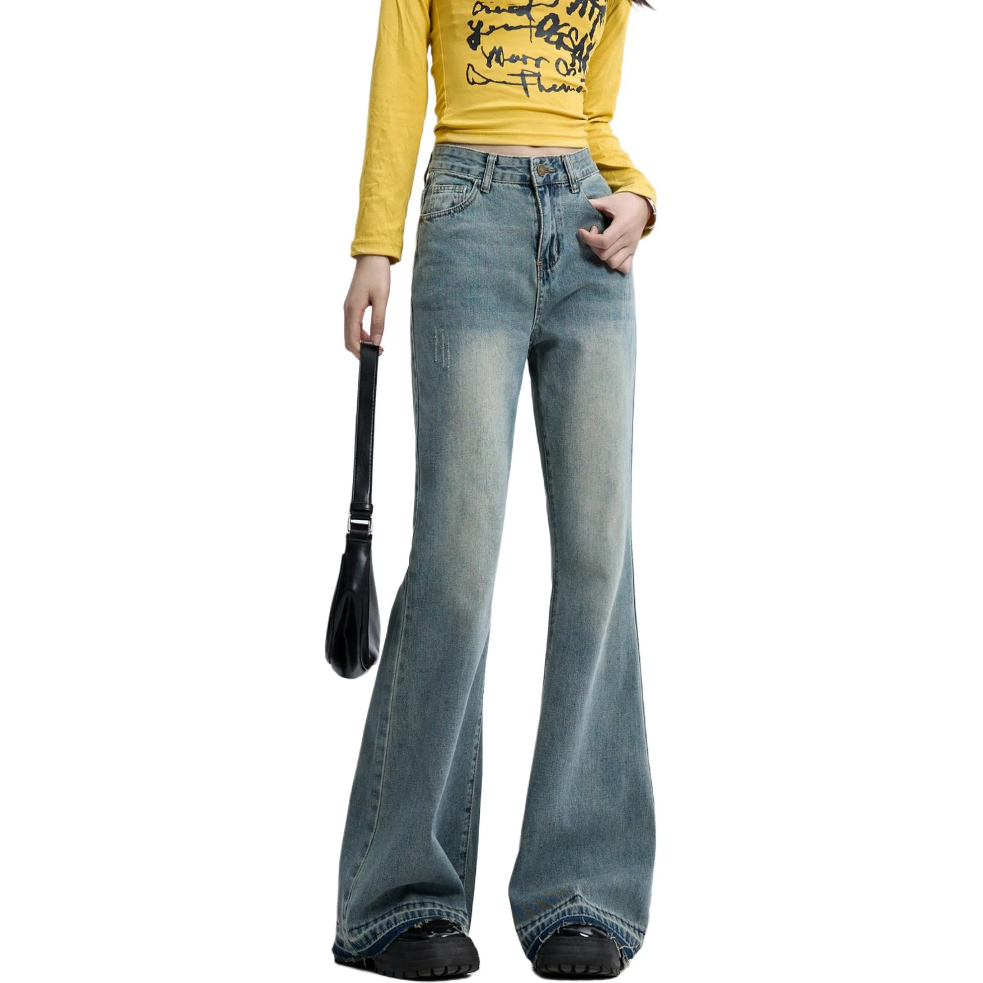 么宁 怀旧微喇马蹄裤拖地超长垂感水洗设计感高街宽松直筒休闲百搭牛仔裤 女款 复古蓝