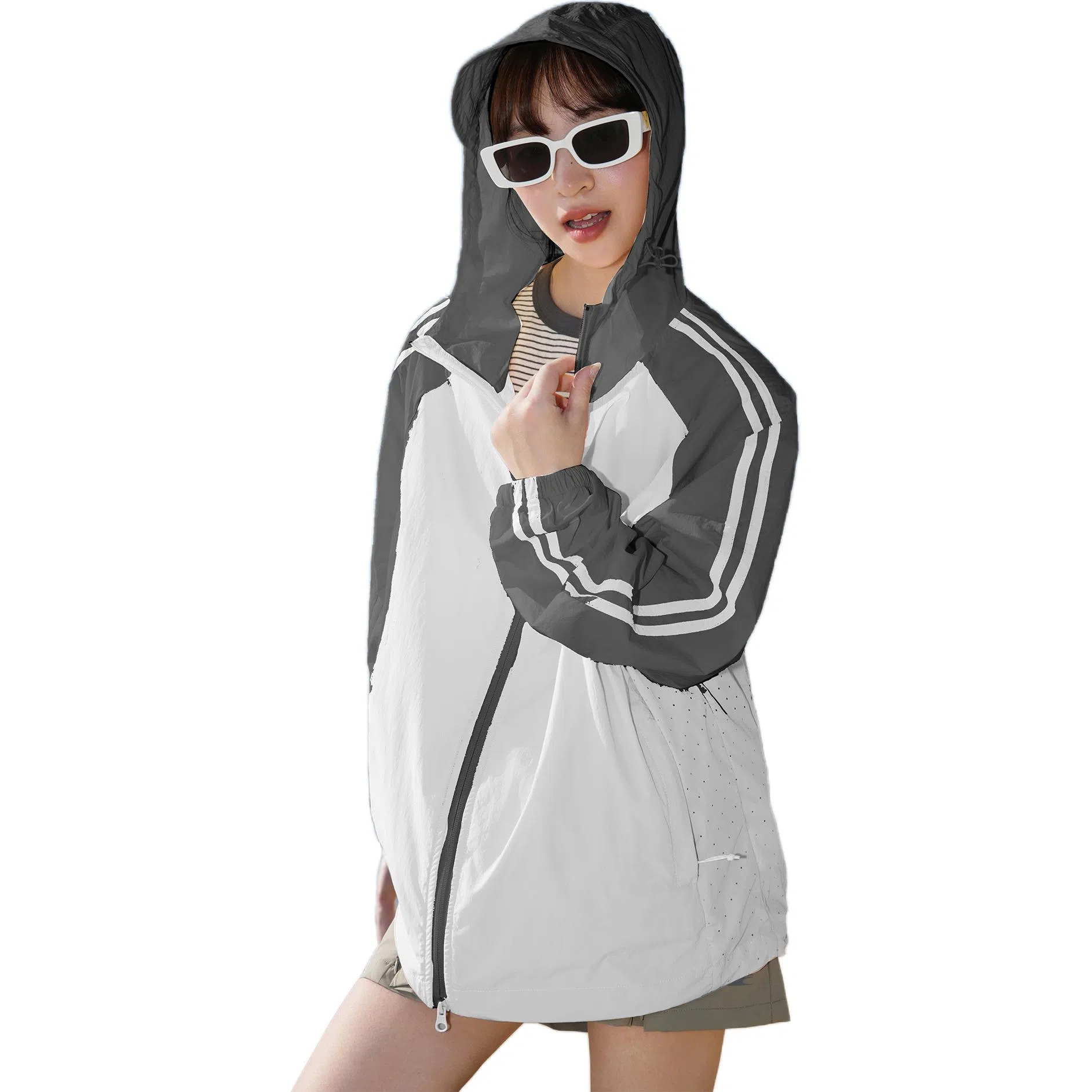 黑恐龙 轻薄透气宽松百搭休闲户外运动登山连帽拼接条纹连帽长袖防晒服 男女同款