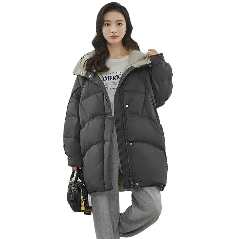 鸭鸭 纯色连帽中长款加厚保暖拉链羽绒服 女款