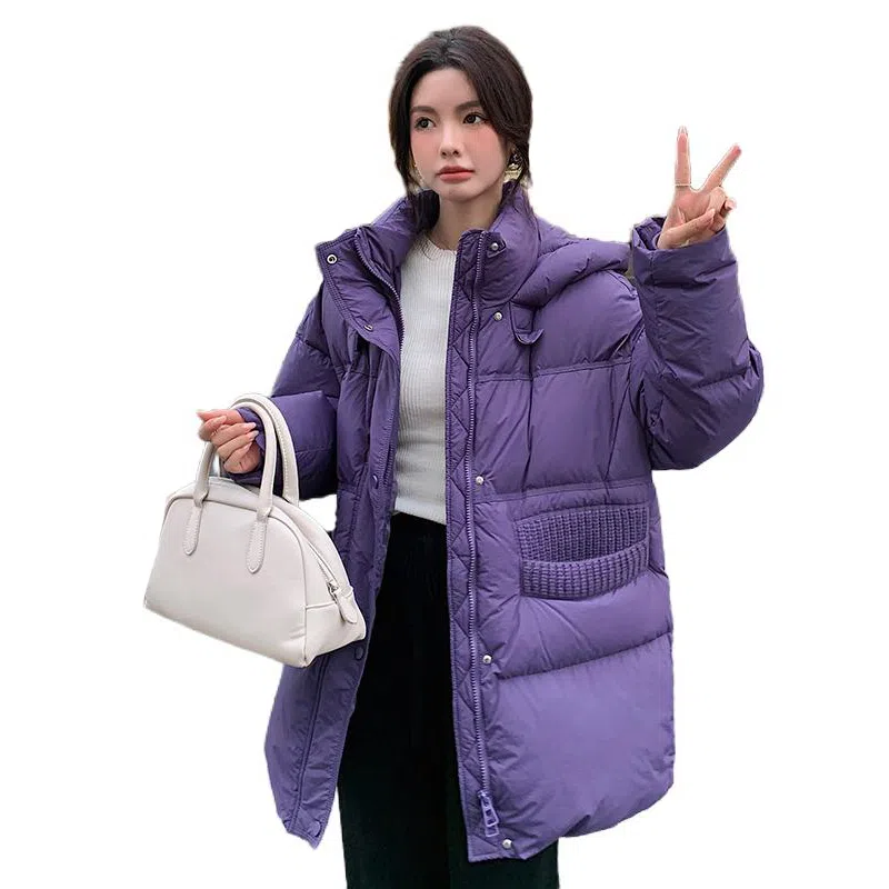 鸭鸭 宽松连帽中长款纯色羽绒服 女款