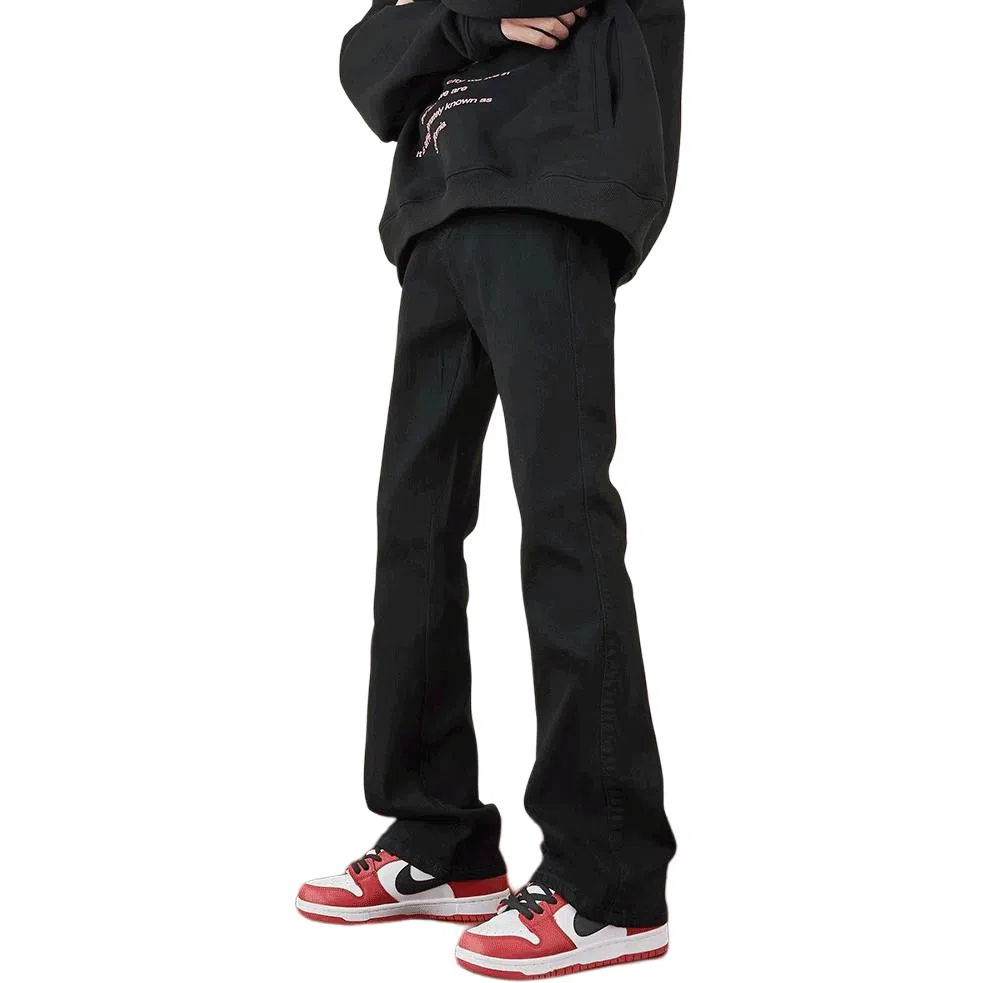 八哥 美式复古高街【弯刀黑牛】简约基础款水洗做旧中腰系带修身纯色直筒阔腿百搭弹力黄泥染薄款微喇牛仔裤 男女同款