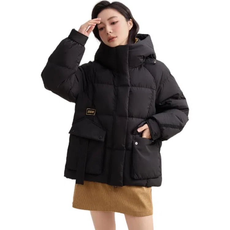 鸭鸭 连帽纯色短款加厚拉链羽绒服 女款