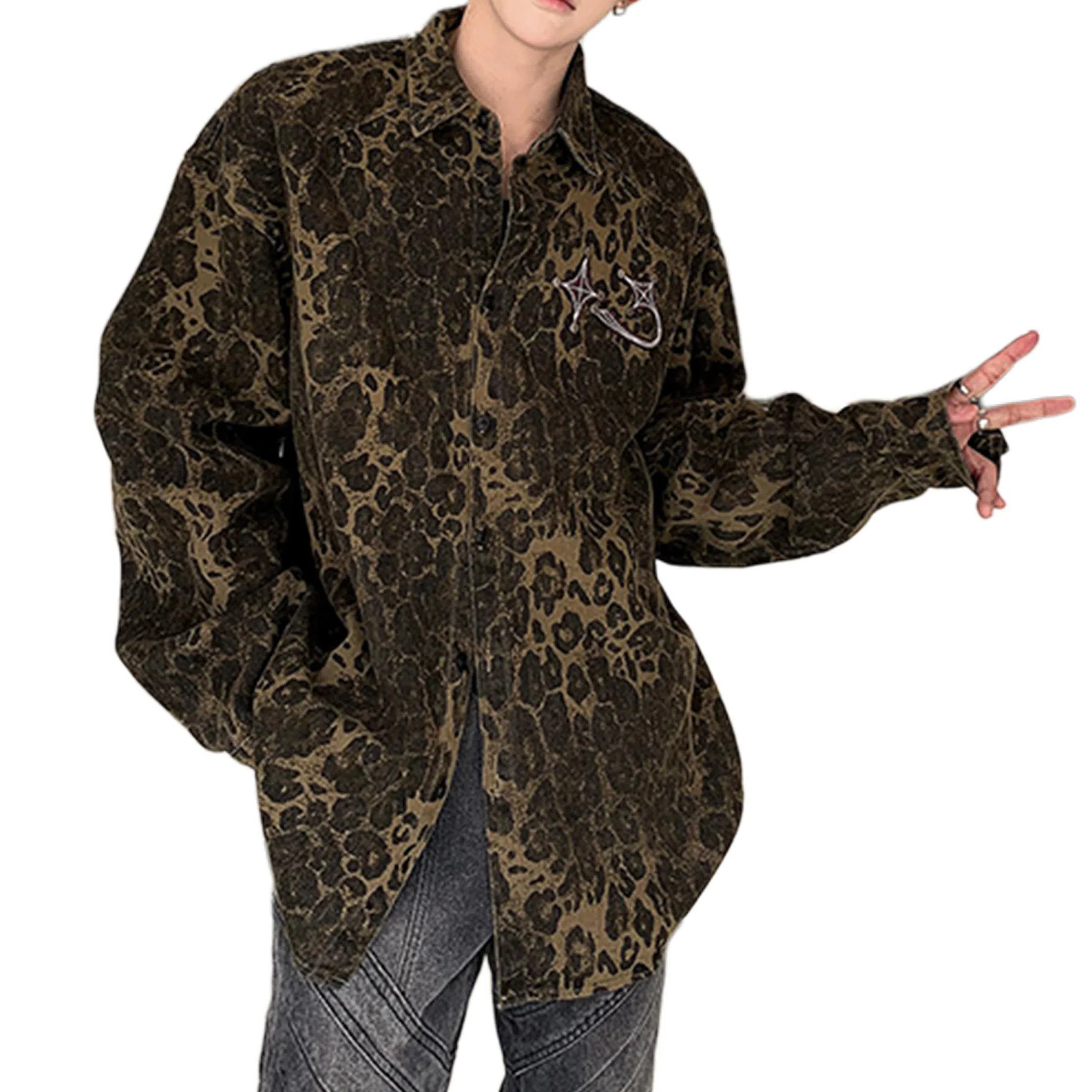 美式高街复古豹纹水洗宽松舒适单排扣夹克潮流百搭牛仔外套长袖衬衫 男女同款