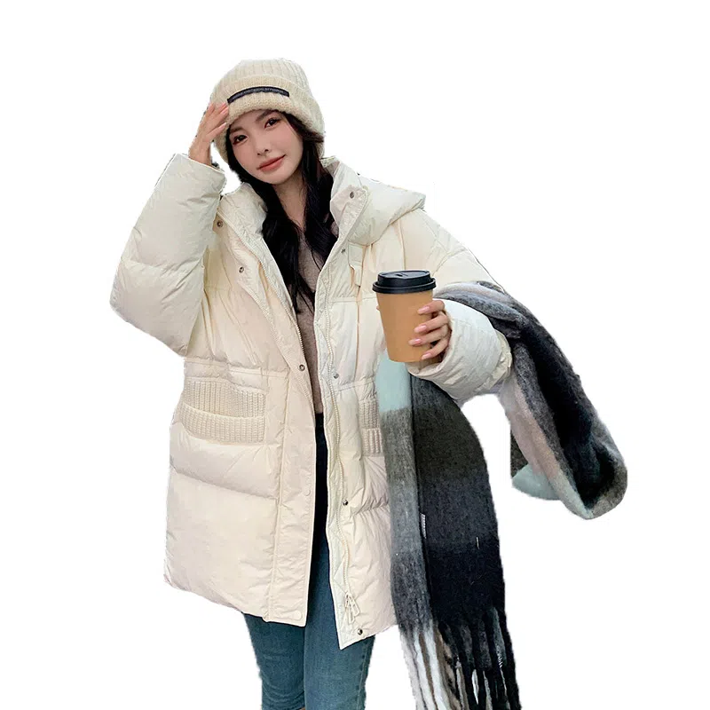 鸭鸭 宽松连帽中长款纯色羽绒服 女款
