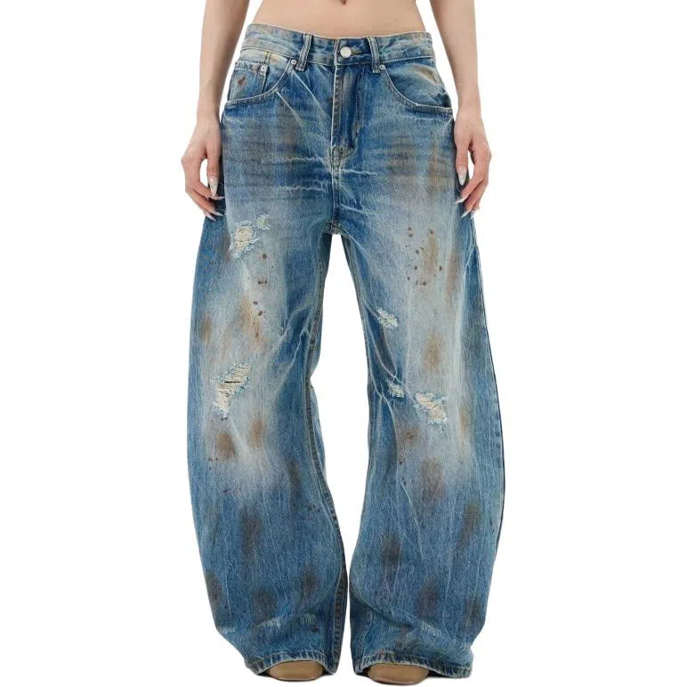 欧迪芬 美式高街慵懒松弛感裤子潮牌设计感废土风破洞潮牛仔裤 女款