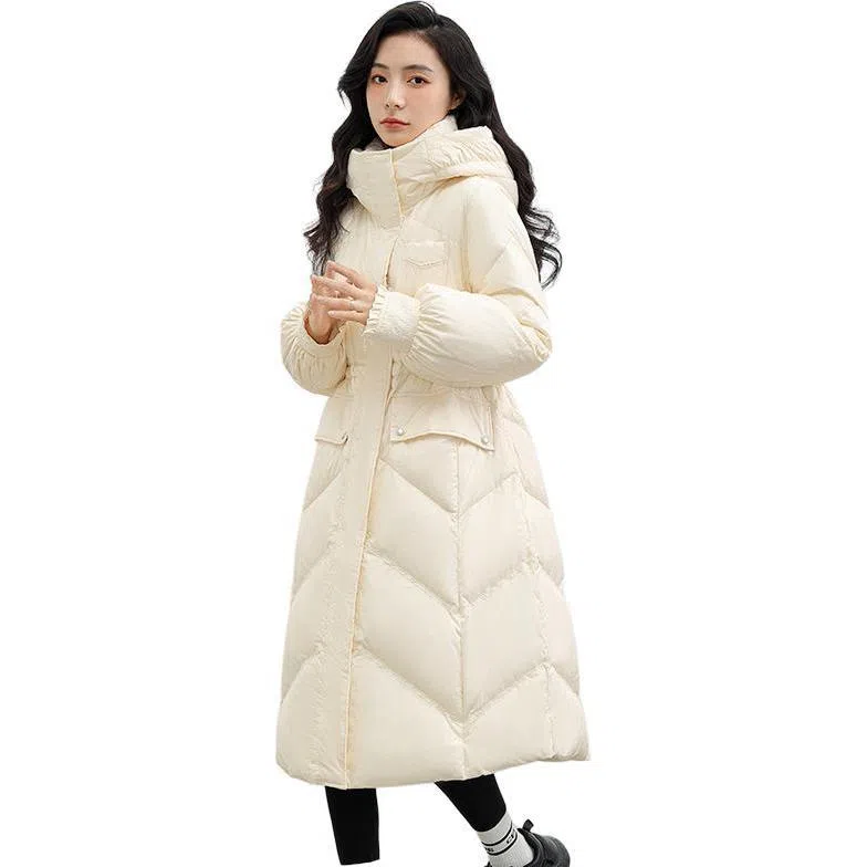 鸭鸭 纯色立领连帽修身长款过膝花边袖口精致衍线熟女优雅气质羽绒服 女款