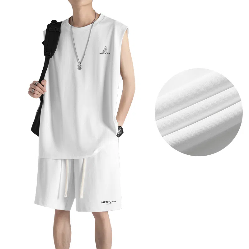 稻草人 冰感户外轻薄透气圆领套头百搭无袖上衣宽松系带松紧直筒垂感五分短裤休闲运动套装 男女同款