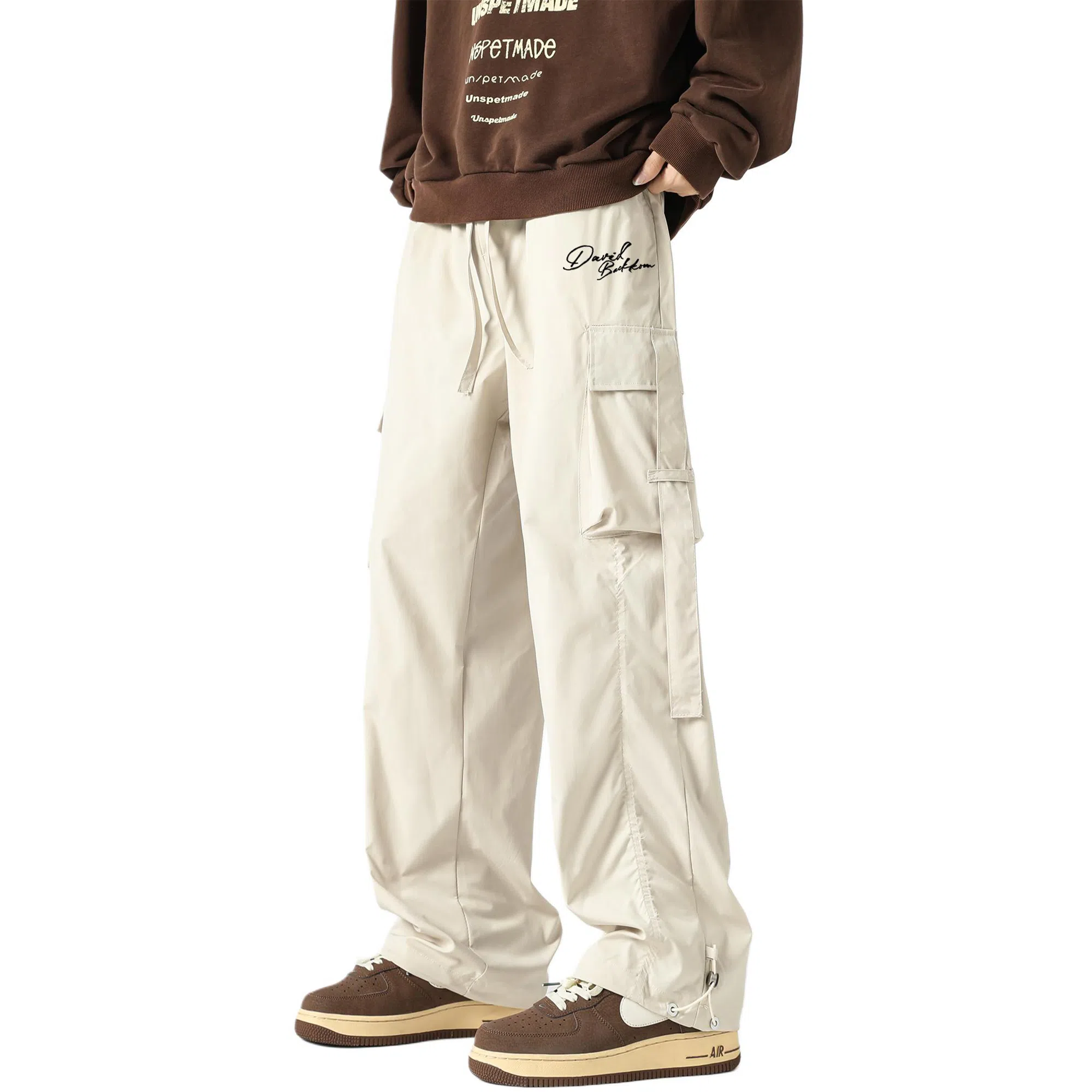 大卫贝肯 美式复古街头机能风字母印花立体大口袋抽绳休闲宽松阔腿伞兵工装裤 男女同款