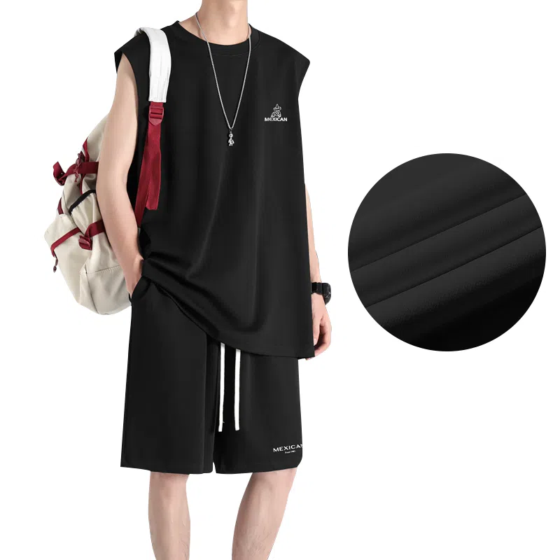 稻草人 冰感户外轻薄透气圆领套头百搭无袖上衣宽松系带松紧直筒垂感五分短裤休闲运动套装 男女同款