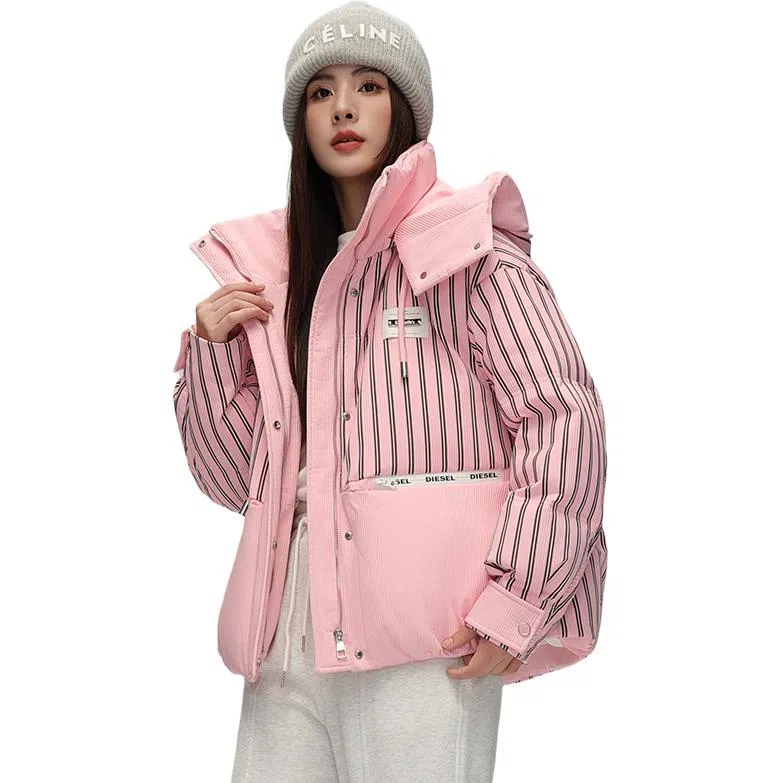 鸭鸭 撞色连帽条纹羽绒服 女款