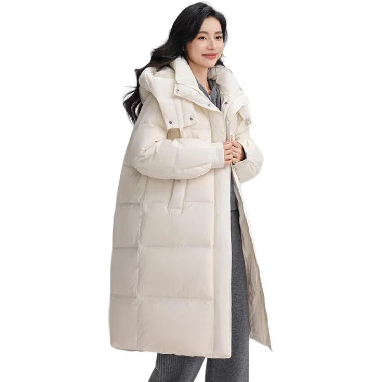 鸭鸭 纯色加厚中长款连帽拉链羽绒服 女款