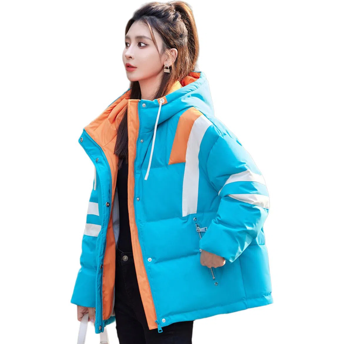 鸭鸭 撞色厚款保暖宽松短款连帽羽绒服 女款 月影白色