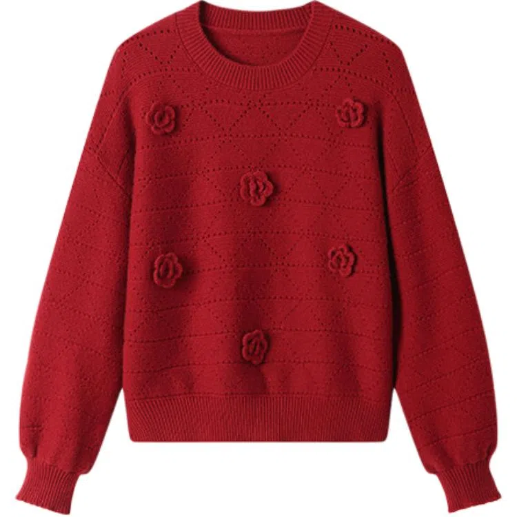 曲韩 圆领立体花朵百搭毛衣 女款