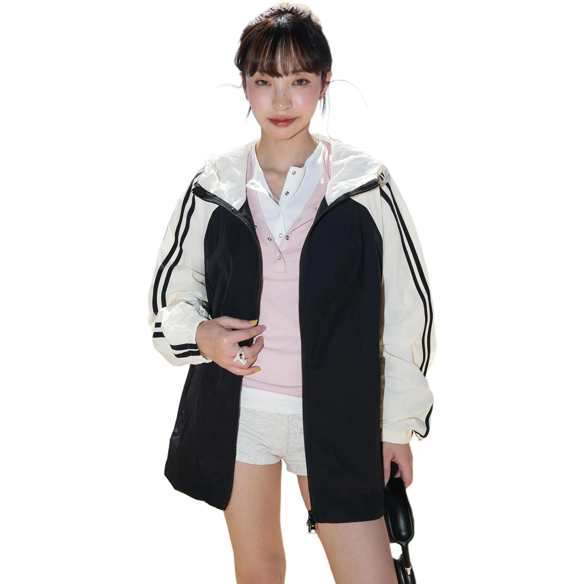 黑恐龙 轻薄透气宽松百搭休闲户外运动登山连帽拼接条纹连帽长袖防晒服 男女同款