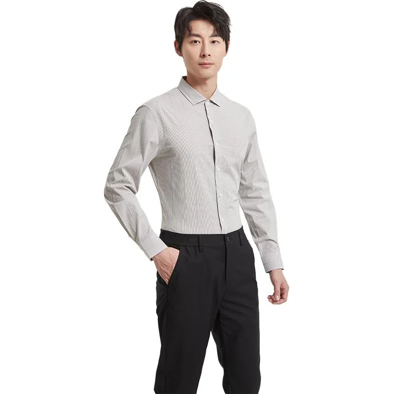 古鲨 竖条纹冰丝英伦商务休闲衬衣长袖衬衫 男款