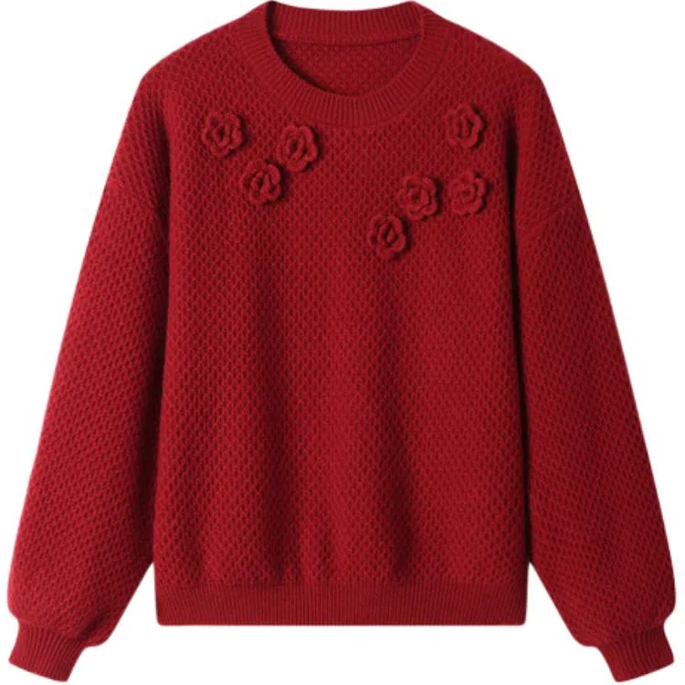 曲韩 纯色百搭简约花朵毛衣 女款