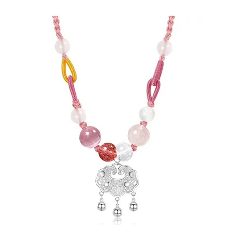 幸囍礼 【原创设计】国风平安锁福字长命锁编绳链 甜美彩色手工编织转运珠 岁岁平安甜美少女感粉色编绳锁骨链 玉髓 玉石项链 女款