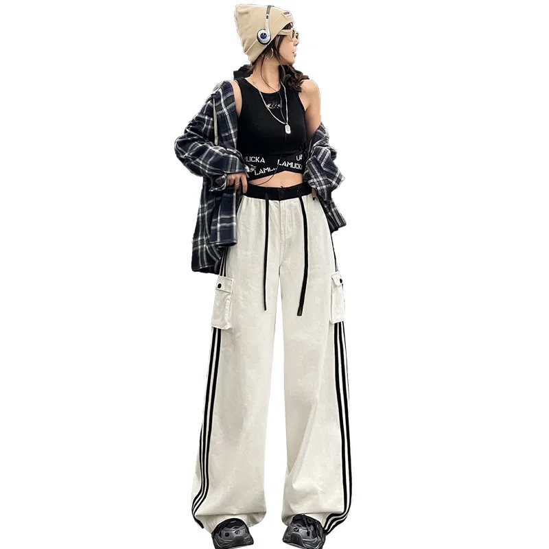 玫丝朵 美式复古条纹高腰宽松阔腿休闲裤 女款