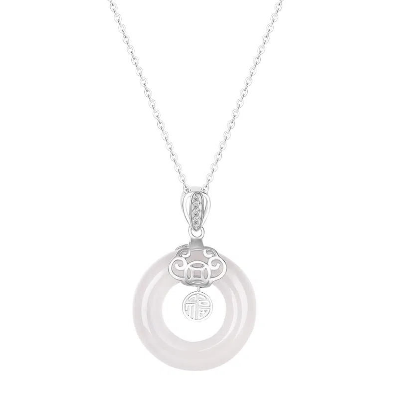 中国珠宝 福牌平安扣 新中式锁骨链优雅气质 玉髓 玉石项链 男女同款情侣款