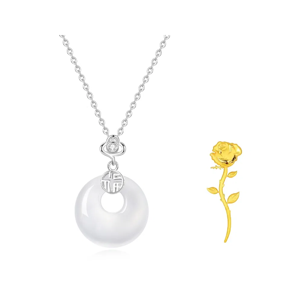 【高品质 S925银】六桂福 福气平安扣新中式福牌如意吊坠银镶玉时尚锁骨链显白清冷如意转运平安聚财纳福 福韵金 好运 玉髓 玉石项链 女款