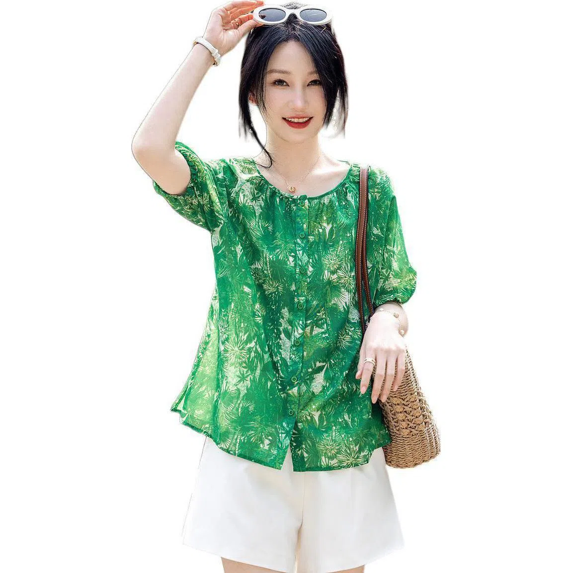 【dme】 薄荷曼波系列 小清新圆领印花花苞袖宽松短袖衬衫 女款 藻绿