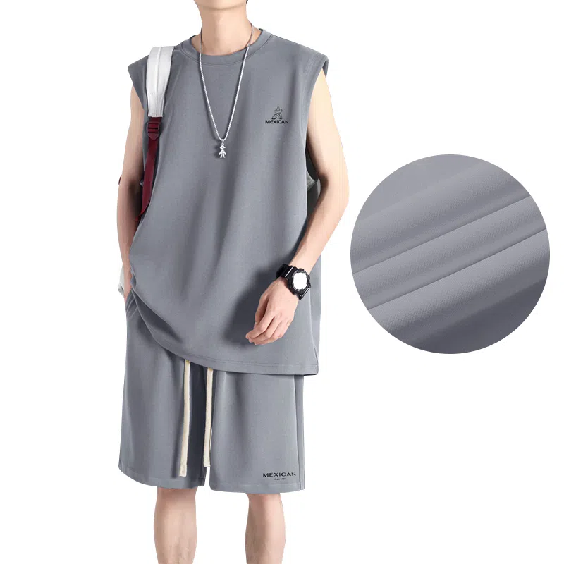 稻草人 冰感户外轻薄透气圆领套头百搭无袖上衣宽松系带松紧直筒垂感五分短裤休闲运动套装 男女同款