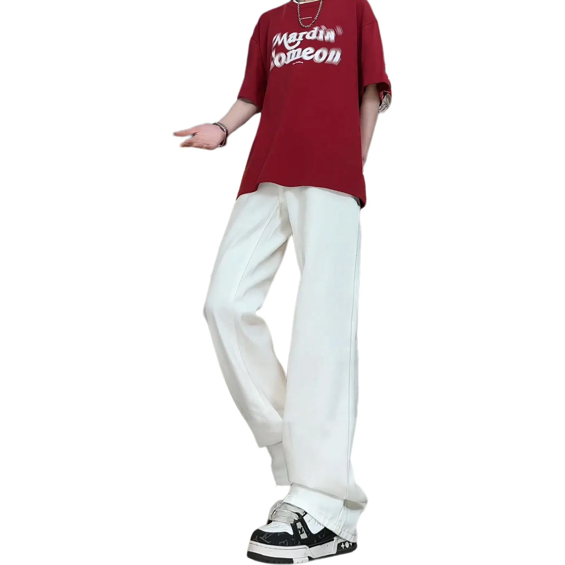 八哥 美式高街废土风不规则质感复古基础款弯刀弹力阔腿垂感百搭高级感运动舒适柔软个性简约微喇牛仔裤 男女同款