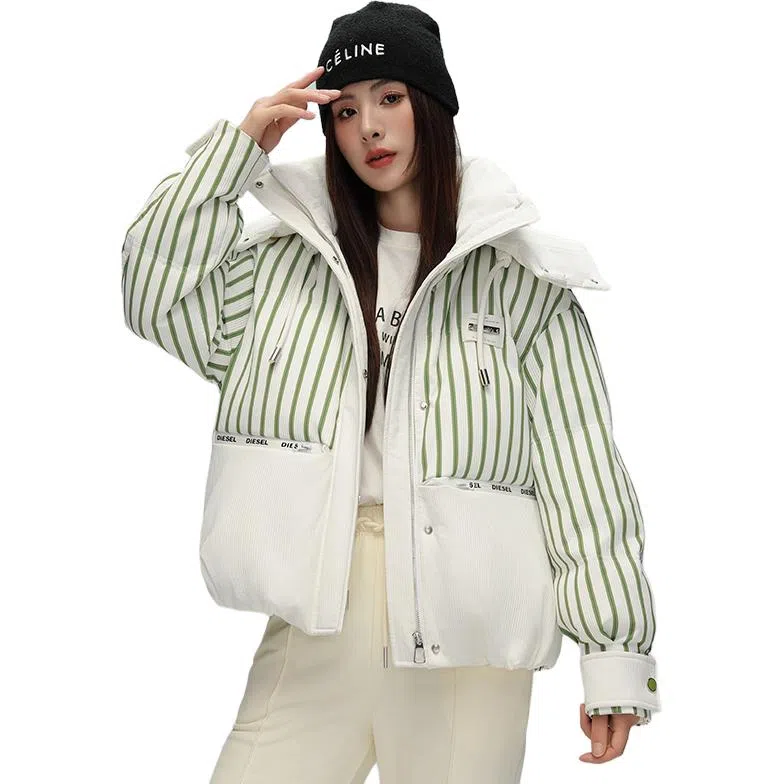 鸭鸭 撞色连帽条纹羽绒服 女款