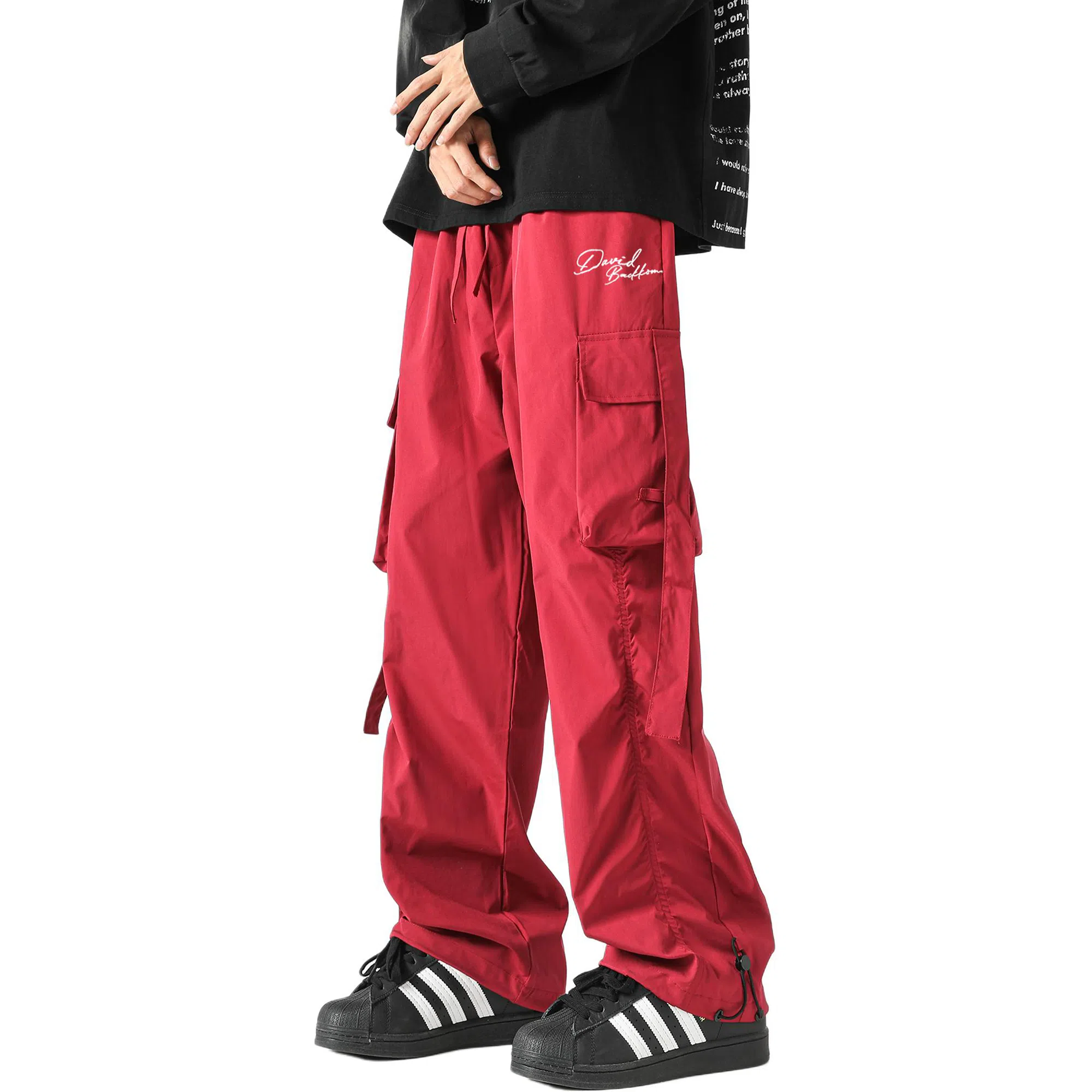 大卫贝肯 美式复古街头机能风字母印花立体大口袋抽绳休闲宽松阔腿伞兵工装裤 男女同款