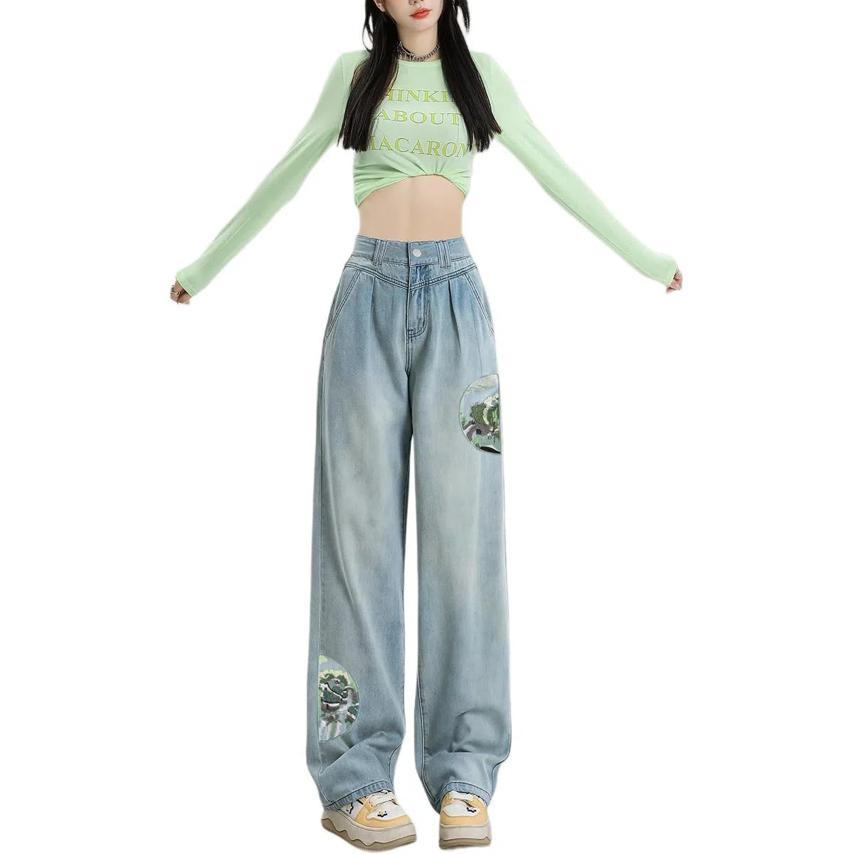 惟熙 清凉天丝薄款透气国风刺绣垂坠感牛仔裤 女款 浅蓝色