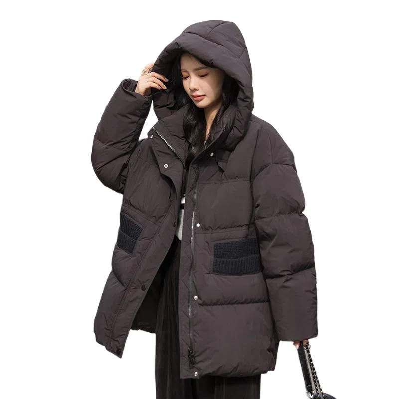 鸭鸭 宽松连帽中长款纯色羽绒服 女款