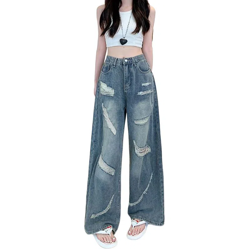 柏黛妃 破洞设计感蕾丝拼接阔腿牛仔裤 女款