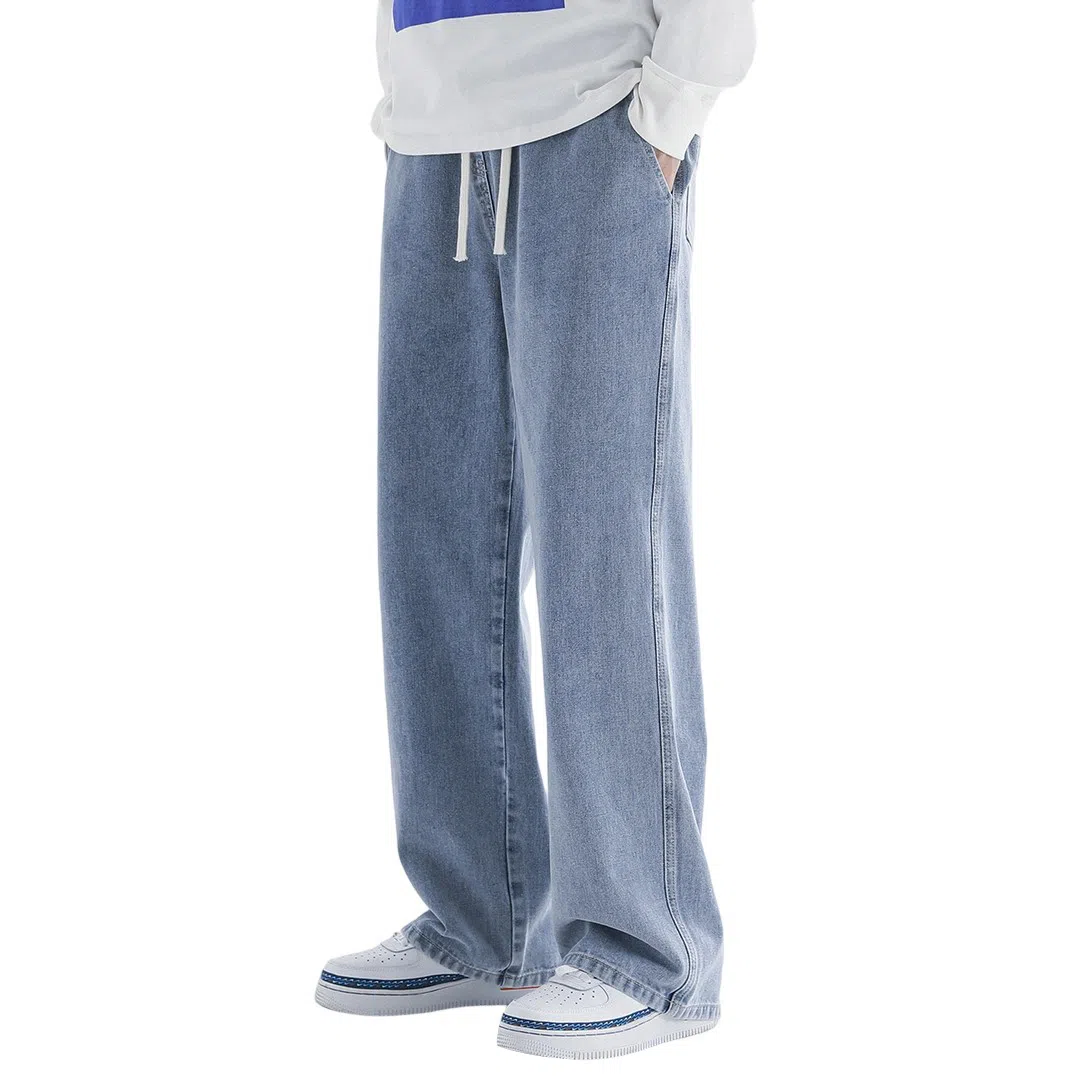 顶峰保罗 美式宽松百搭透气无性别主义弹力透气垂感休闲潮流阔腿拖地牛仔裤 男女同款