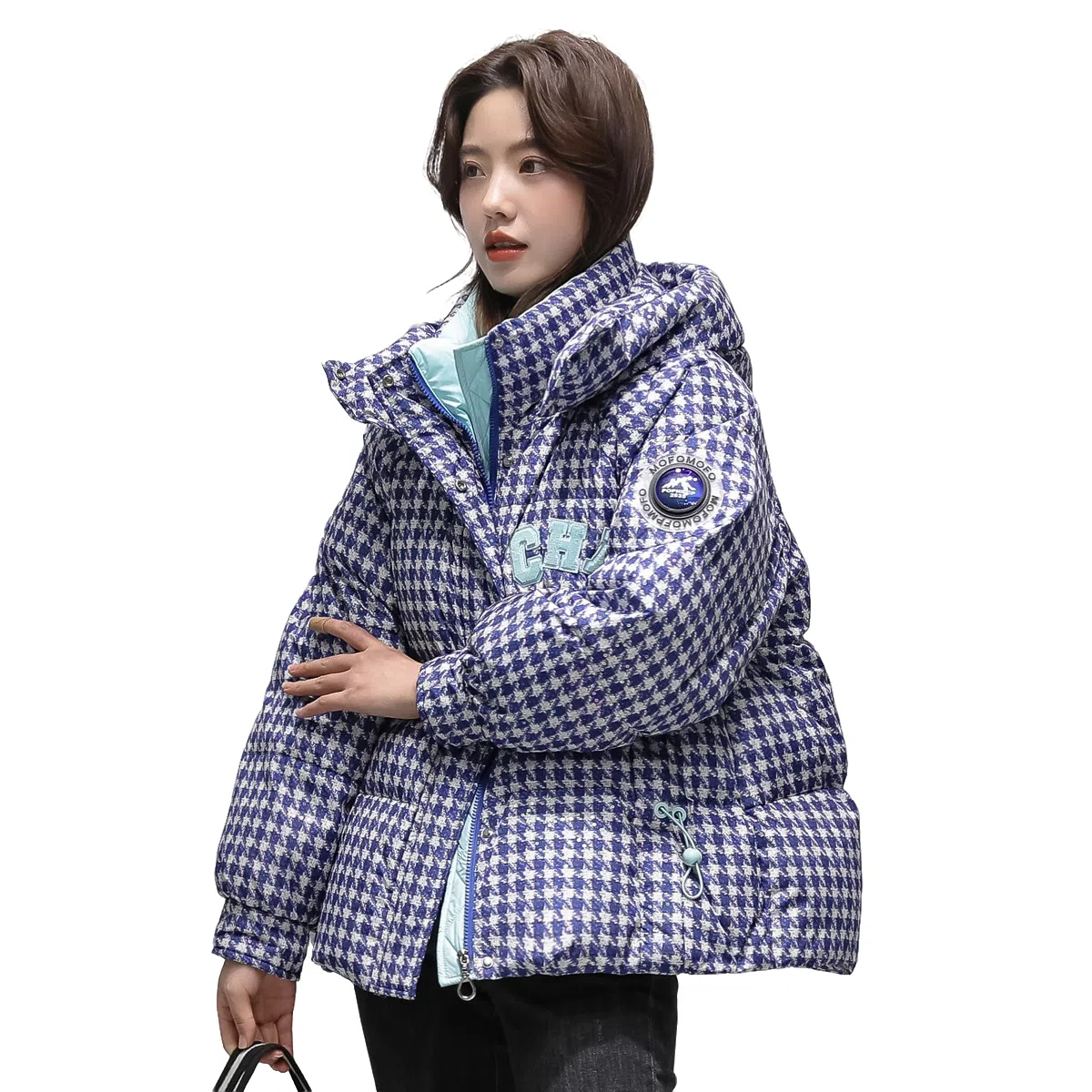 鸭鸭 经典抗寒时尚千鸟格连帽保暖短款羽绒服 女款
