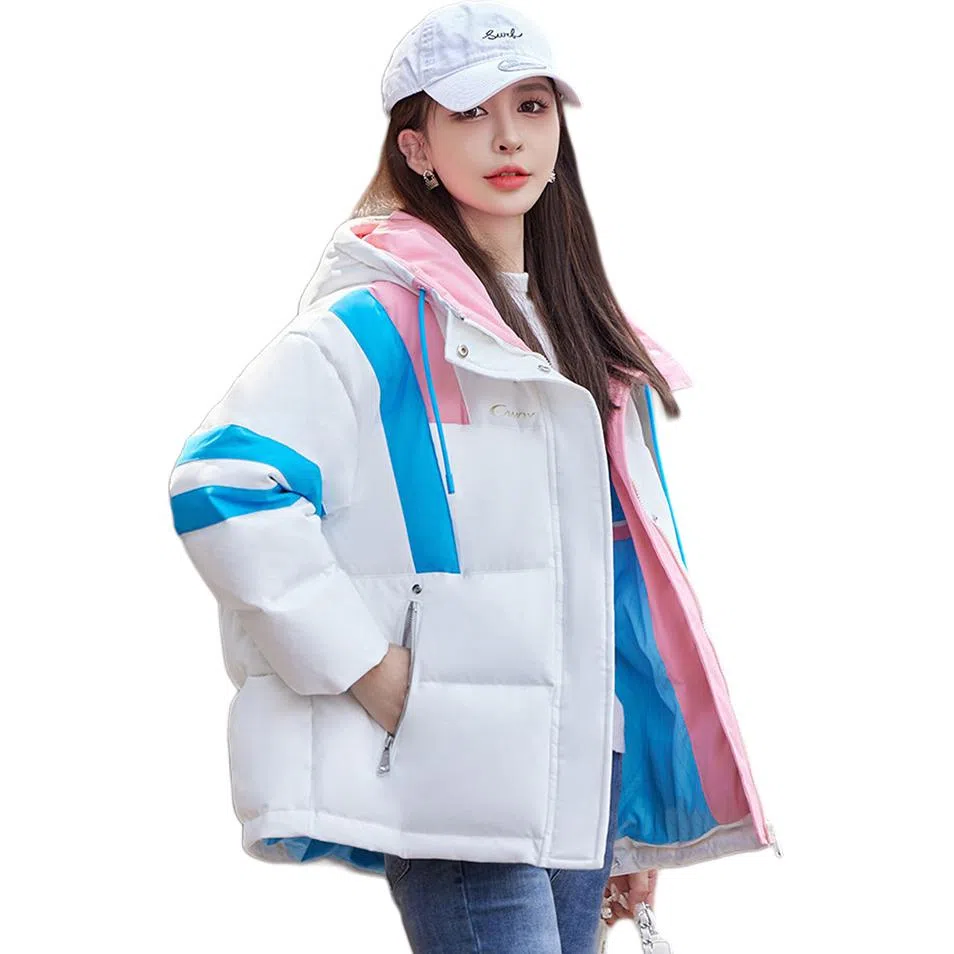 鸭鸭 撞色厚款保暖宽松短款连帽羽绒服 女款 月影白色