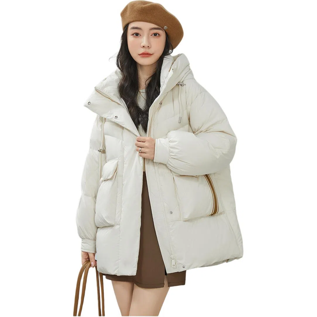 鸭鸭 纯色中长款韩版连帽面包服羽绒服 女款